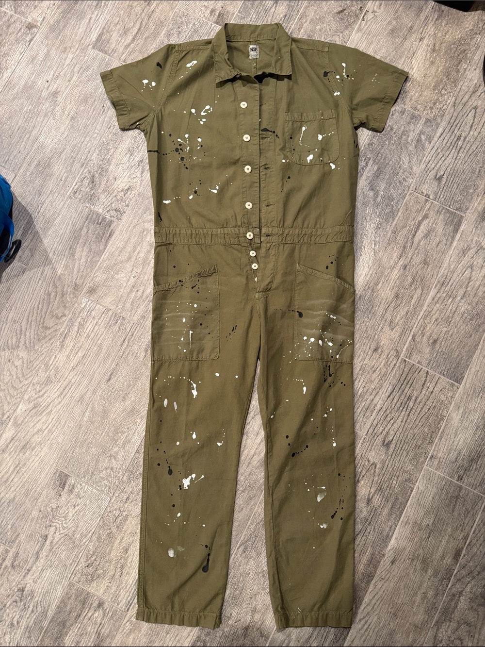 NSF Olive Green Short-Sleeve Utility Jumpsuit with Paint Splatter